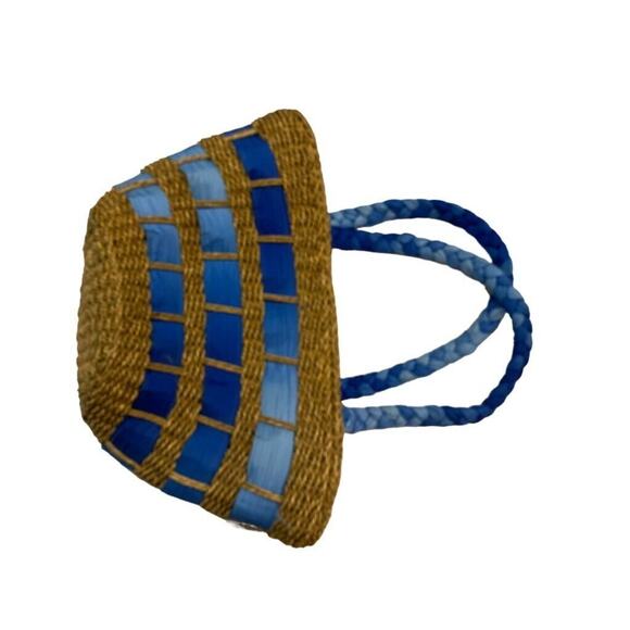 Cappelli Ombre Blue Ribbon Straw Bag Zip Top Braided Strap Tote Hand Bag - Picture 3 of 5